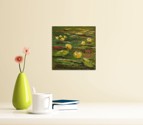 WATER LILY VI. 7"x7"  PALETTE KNIFE / From my a series of mini works WORLD OF WATER LILIES /  ORIGINAL PAINTING