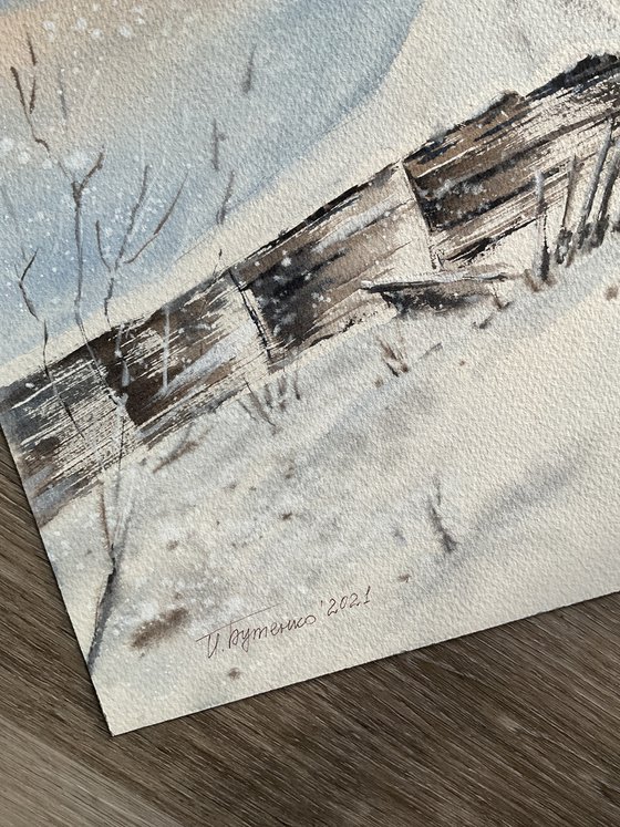 Winter in abandoned village, watercolour