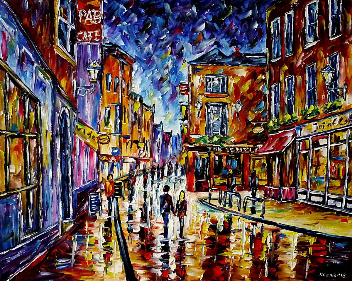 Expressive Cityscapes Oil Painting By Mirek Kuzniar, 30 X 24", Dublin In The Evening, Original Artwork