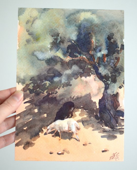 Two sheep under the tree, watercolor sketch of animals