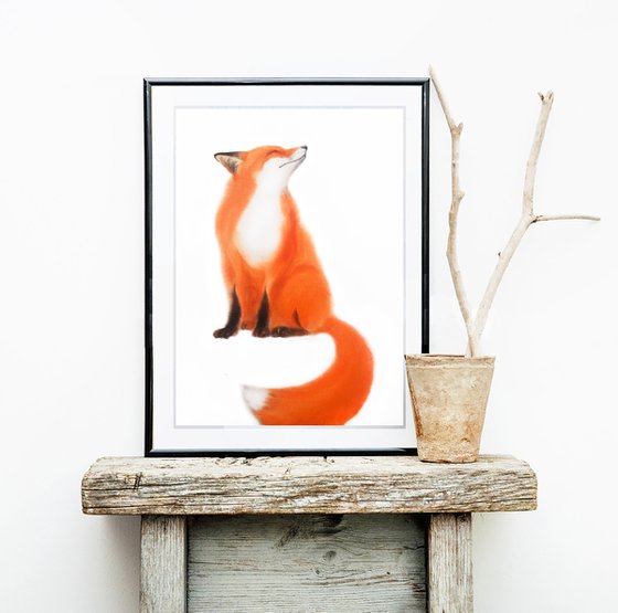 Red Fox - foxy - fox portrait - fox watercolor - fox looks upwards