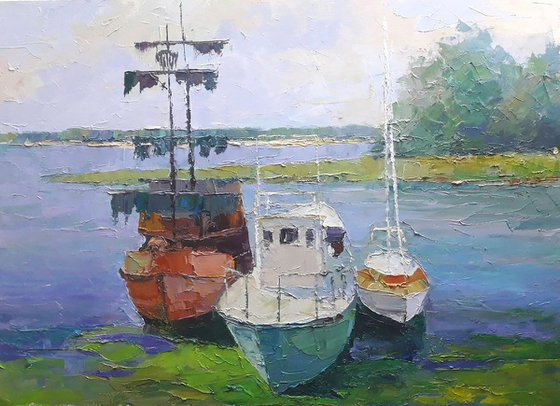 Oil painting Boats on the Dnieper
