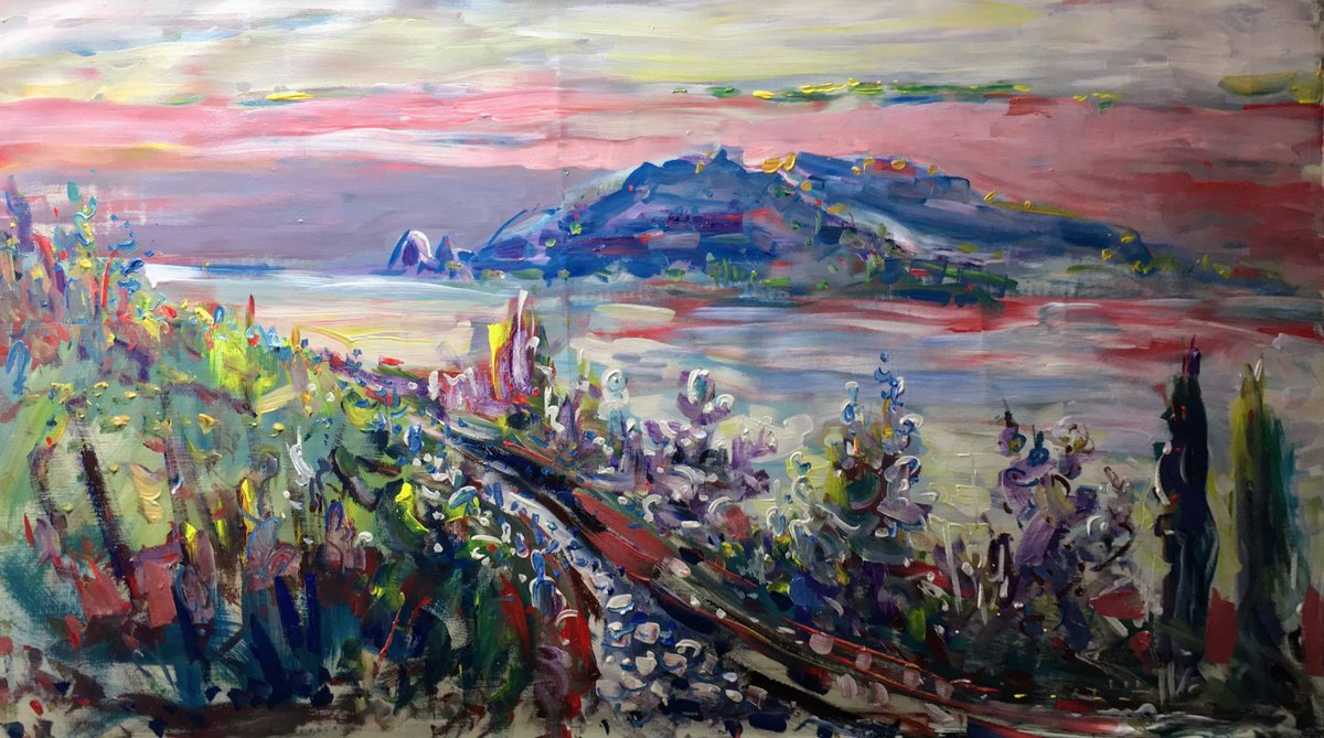 Impressionistic Cityscapes Acrylic Painting By Altin Furxhi, 48 X 30, Capri View From Mainland., Original Artwork