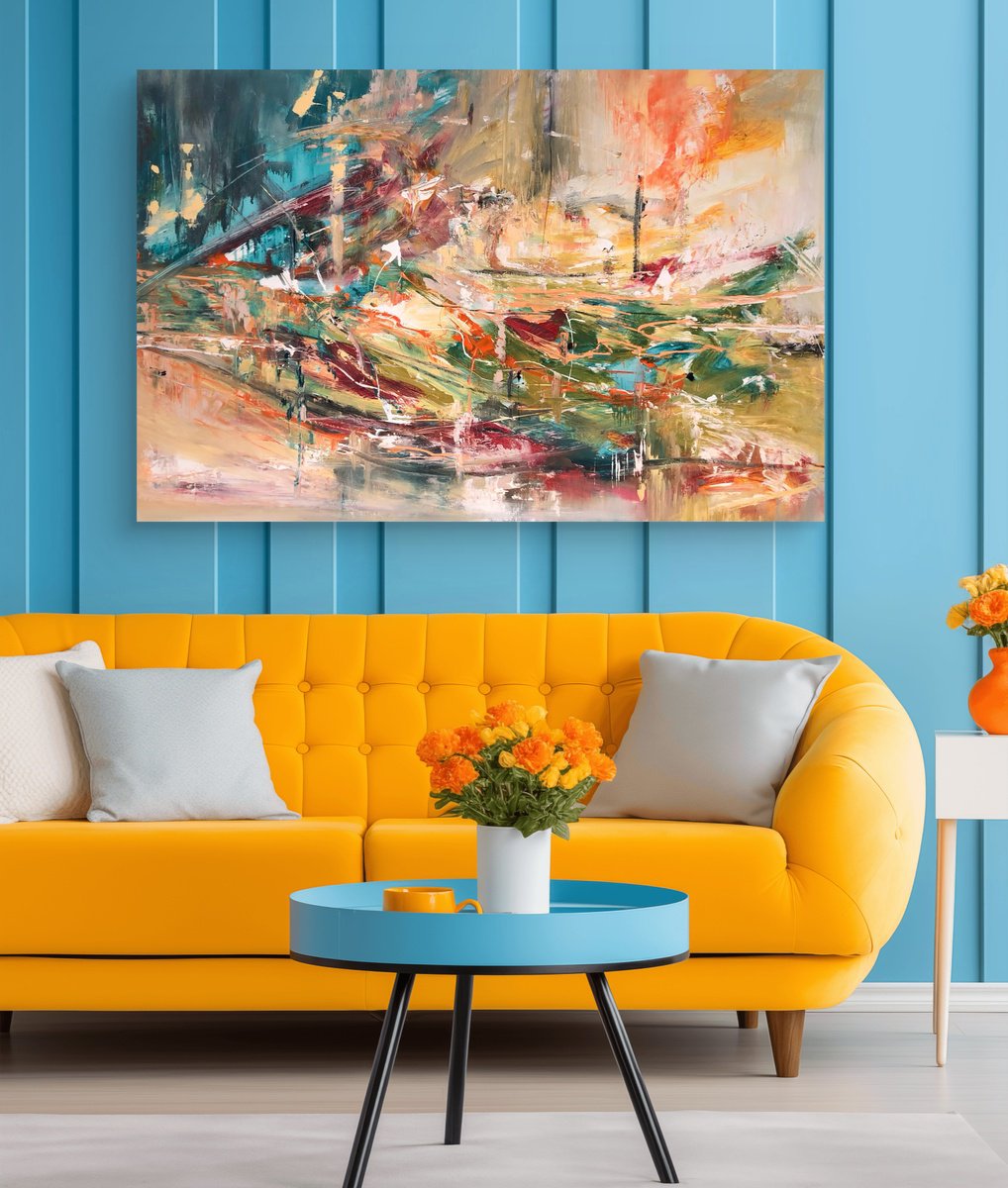 Abstract Acrylic Painting By Snezana Djordjevic, 47 X 31", The Source Of Life, Original Artwork