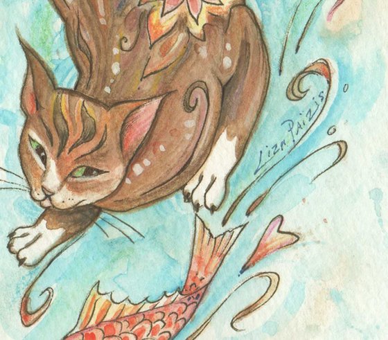 Cat with Koi fish Japanese style original watercolour painting