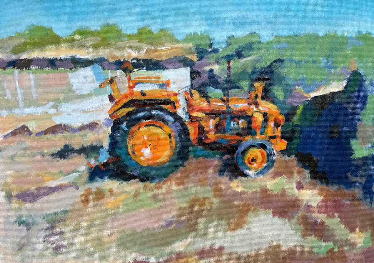 Impressionistic Landscape Oil Painting By Paul Gurney, 14 X 10", Orange Tractor, Original Artwork