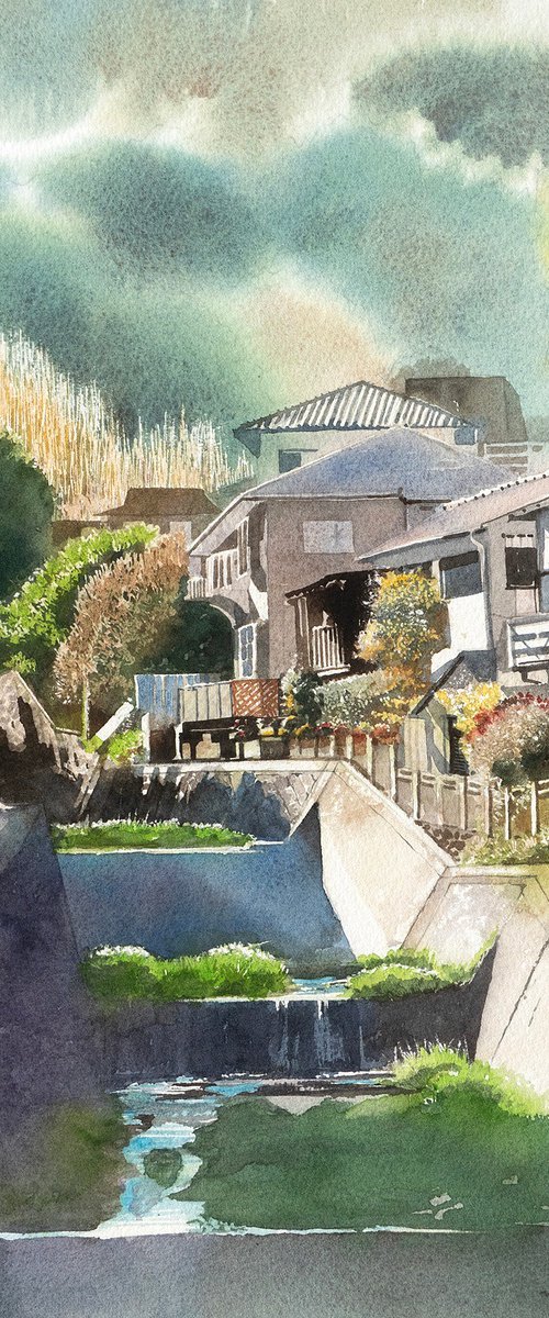 Terraced River and Hillside Houses by Masato Watanabe