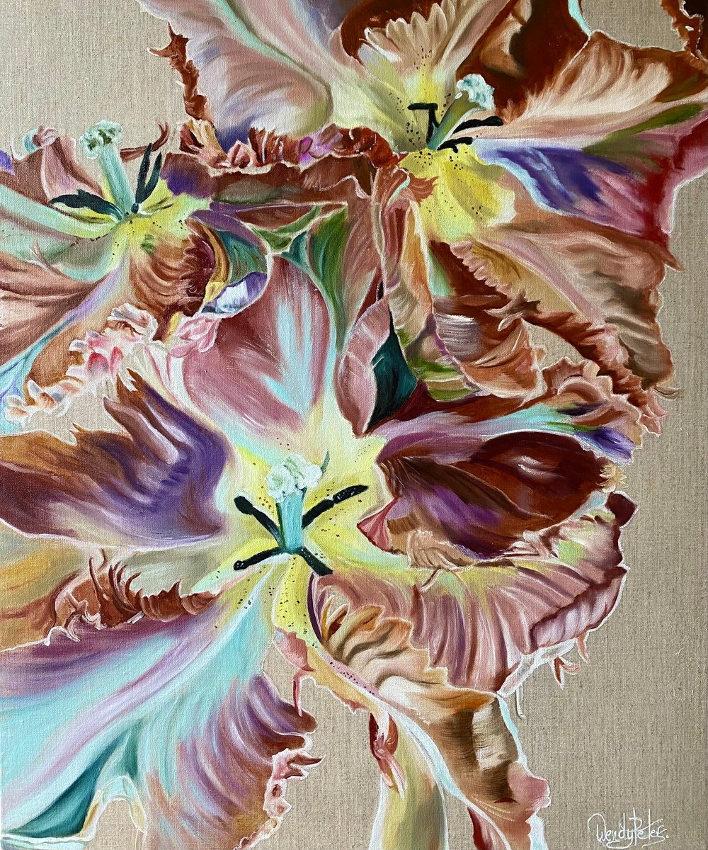 Organic Botanical Oil Painting By Wendy Peters, 20 X 24", The Unfurled Tulip Ii, Original Artwork