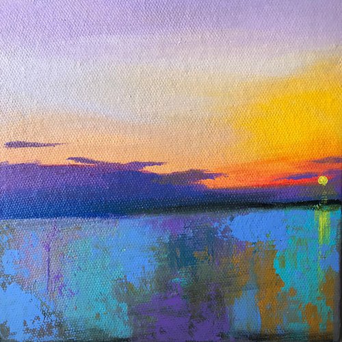 Sunset Small Abstract Landscape !! Summer Evening !! Small Painting !! Mini Painting !! Miniature Art !! Gift !! Office Decor !! Table Art !! by Amita Dand