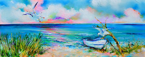 Boat and Seagulls on Seashore