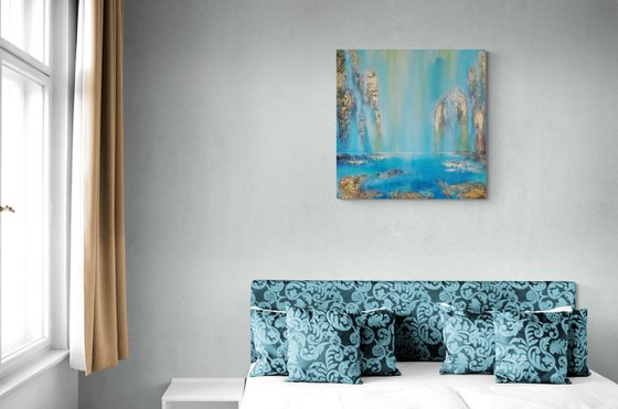 A large modern structured semi-abstract mixed-media painting "Waterfall"