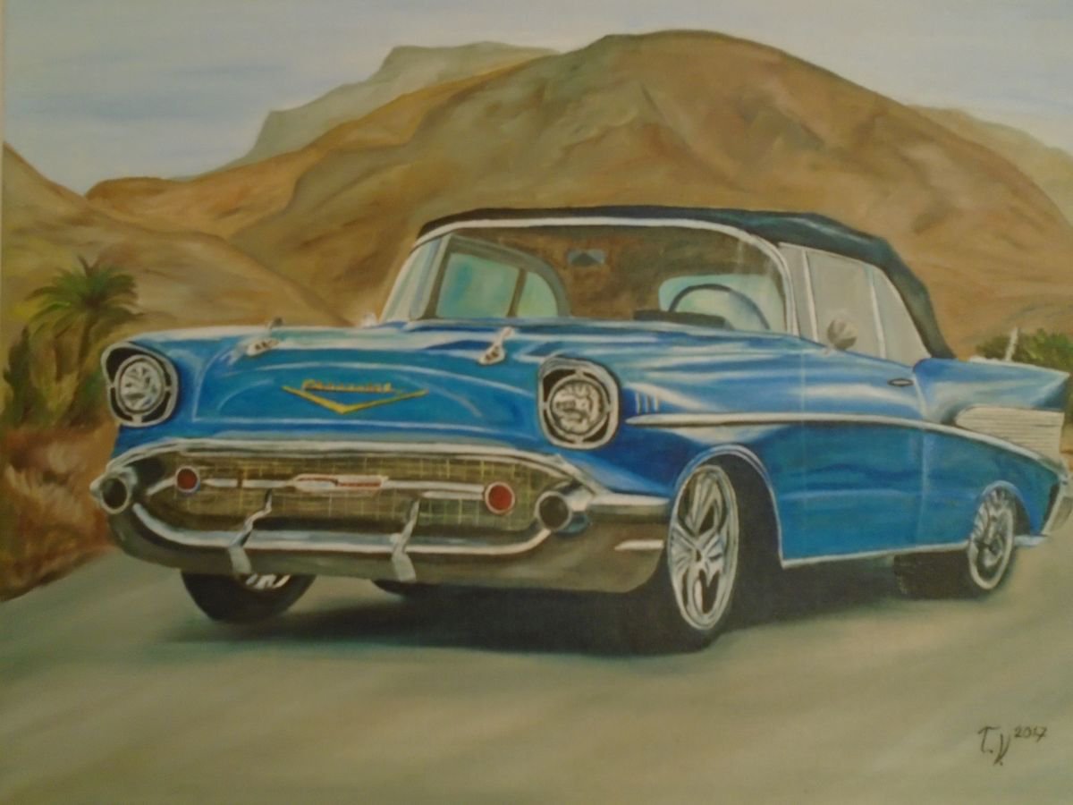 Photorealistic Cityscapes Oil Painting By Timea Valsami, 32 X 24", Chevrolet, Original Artwork