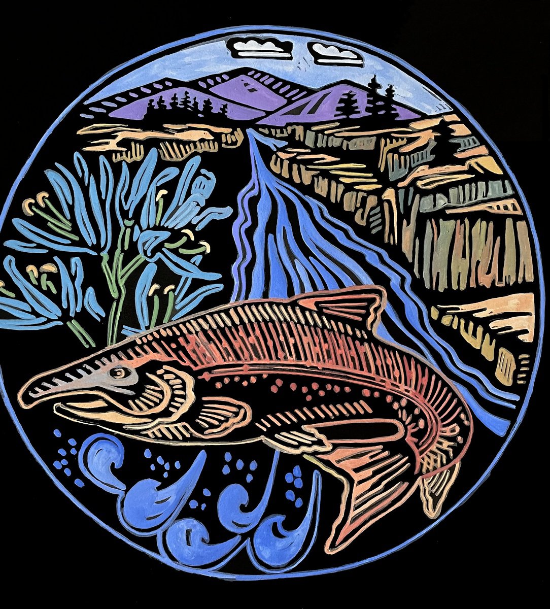 Illustrative Animal Linocut By Laurel Macdonald, 13 X 15", Sockeye Salmon, Original Artwork