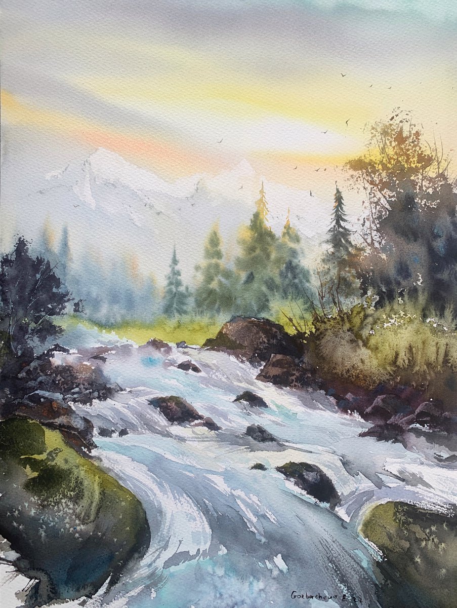Impressionistic Landscape Watercolour By Eugenia Gorbacheva, 12 X 16, Mountain River #31, Original Artwork