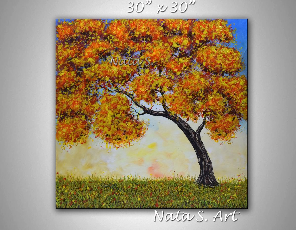 Oak Tree Painting, Fall Tree Painting, Impasto Landscape Art 30 x 30 by Nataliya Stupak