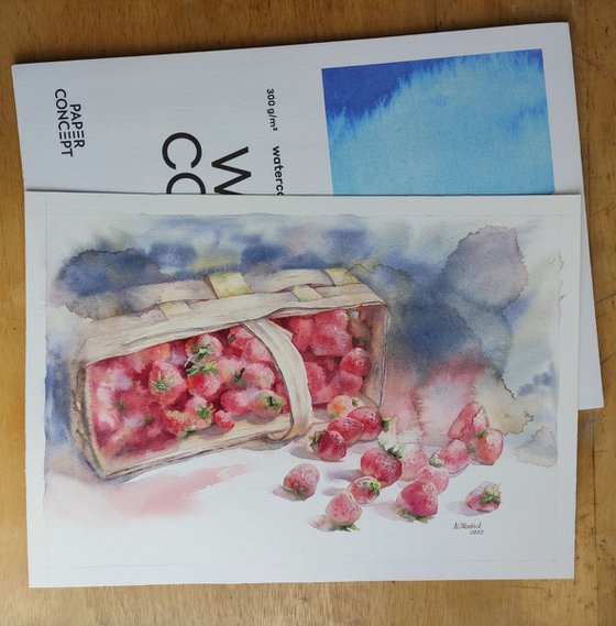 Ukrainian watercolour. Strawberries in a basket