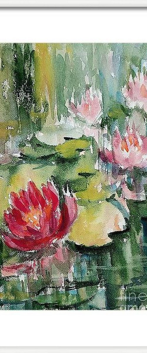 Red Lotus & Pink water lilies by Asha Shenoy