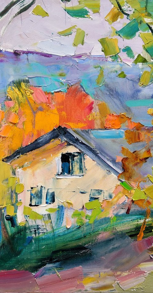 House in the mountains . Autumn garden, rest . Original oil painting by Helen Shukina