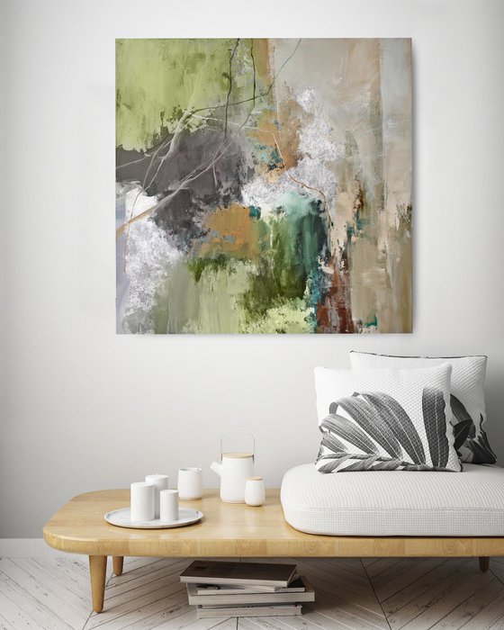 "Olive Hill 2" Green silver abstract art