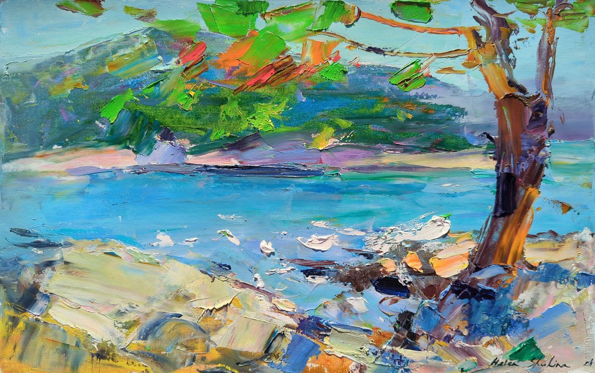 Impressionistic Landscape Oil Painting By Helen Shukina, 16 X 10, Sunny Beach. Sea Impressions, Original Artwork
