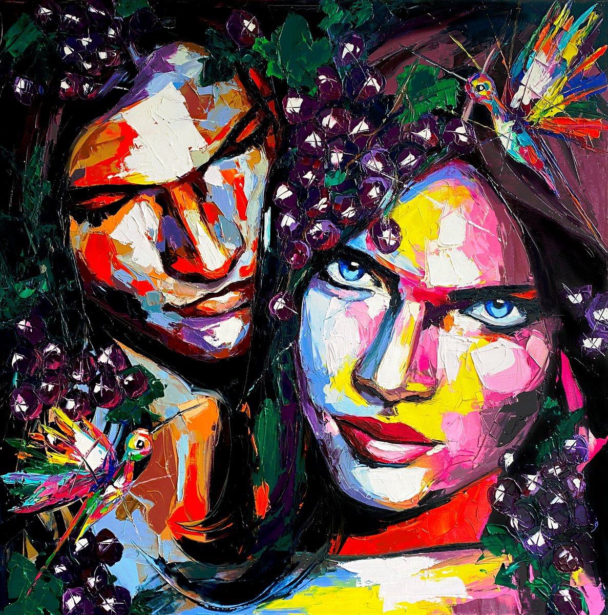 Expressive Portrait Oil Painting By Lana Frey, 39 X 39", Epicurean Temptation, Original Artwork