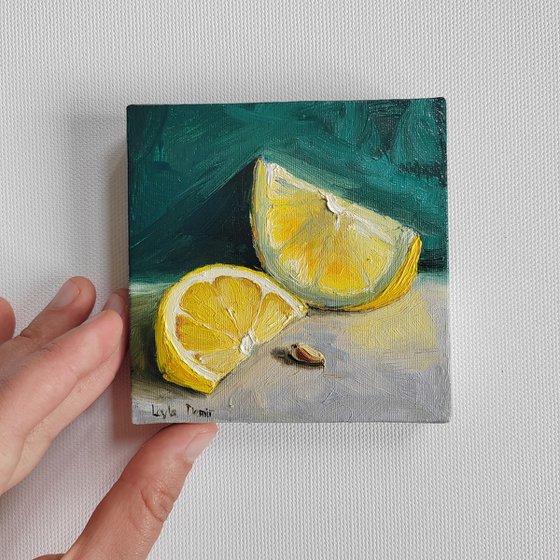 Lemon fruit still life oil painting realistic citrus wall decor 4x4"