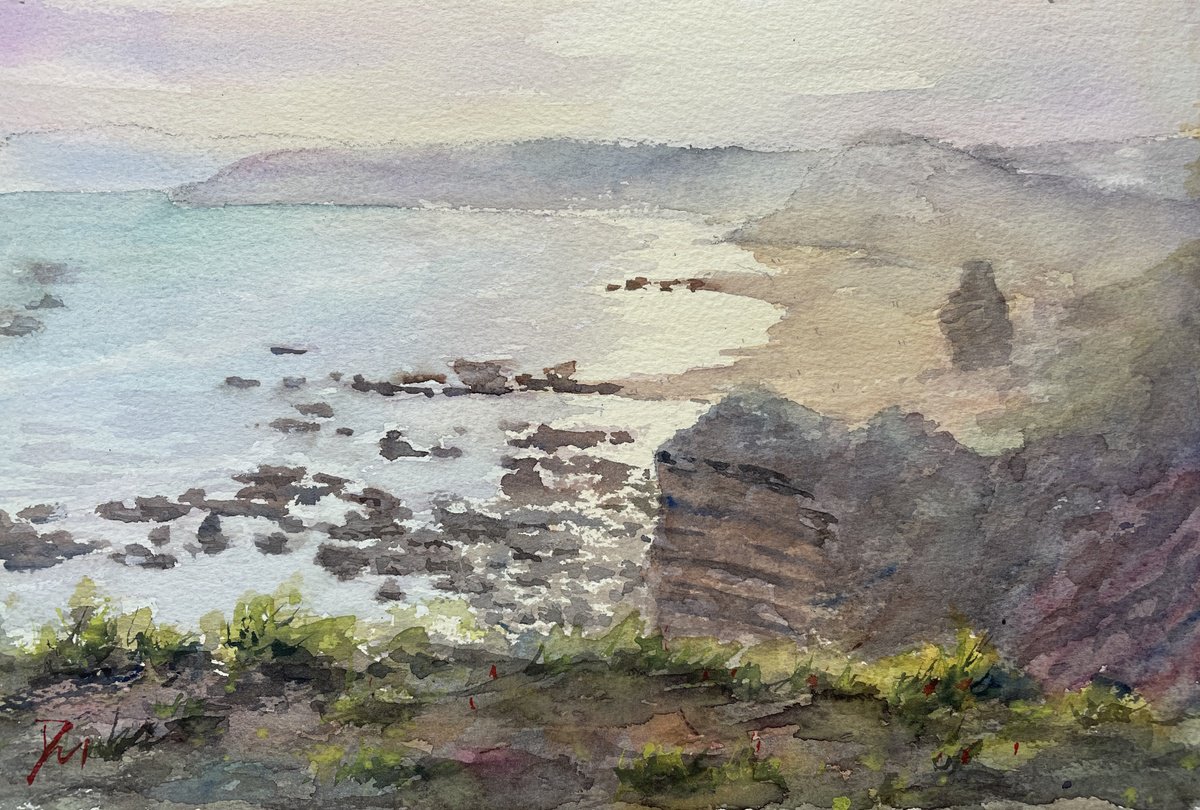 Impressionistic Landscape Watercolour By Shelly Du, 12 X 8", Sunset From Split Point Lighthouse, Original Artwork