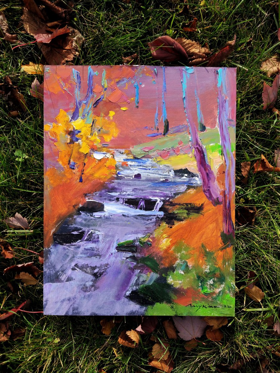 Waterfall Shipit . Mountains river . Original oil painting by Helen Shukina
