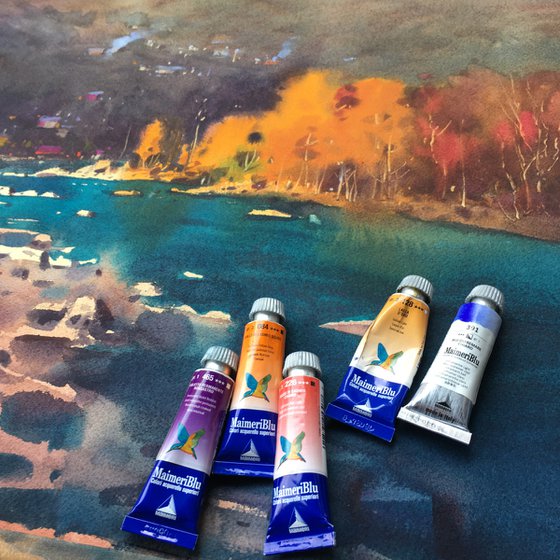 Autumn landscape with a river. Original watercolor painting large size. 55x55 cm