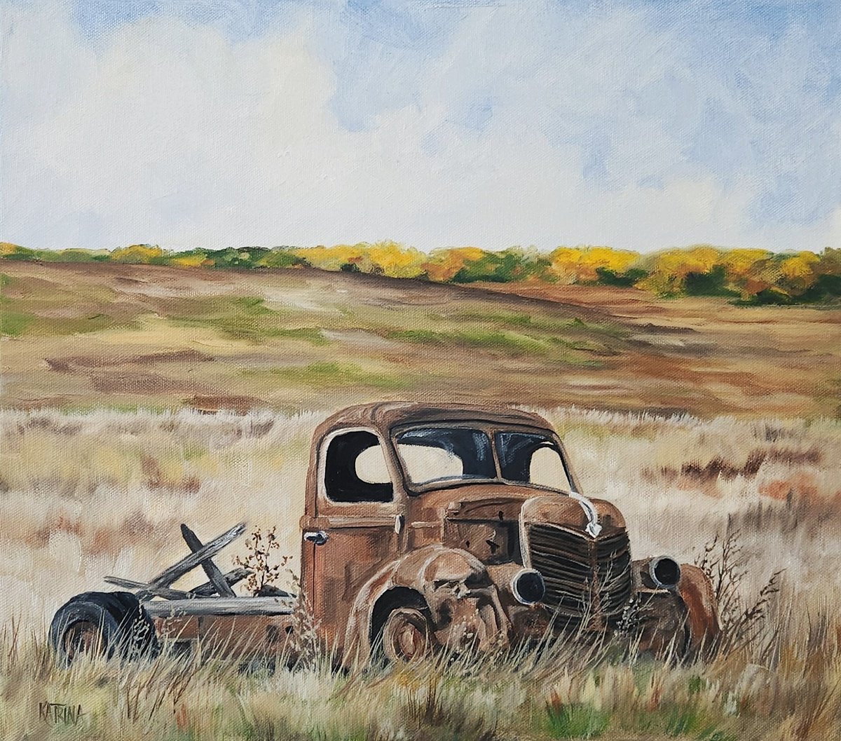 Impressionistic Landscape Oil Painting By Katrina Case, 16 X 14", Vip Parking - Old Truck, Original Artwork