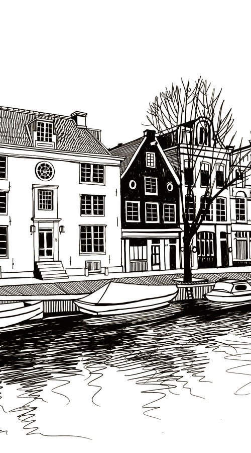 Boats and houses on a canal of Amsterdam, Netherlands. by Tatiana Alekseeva