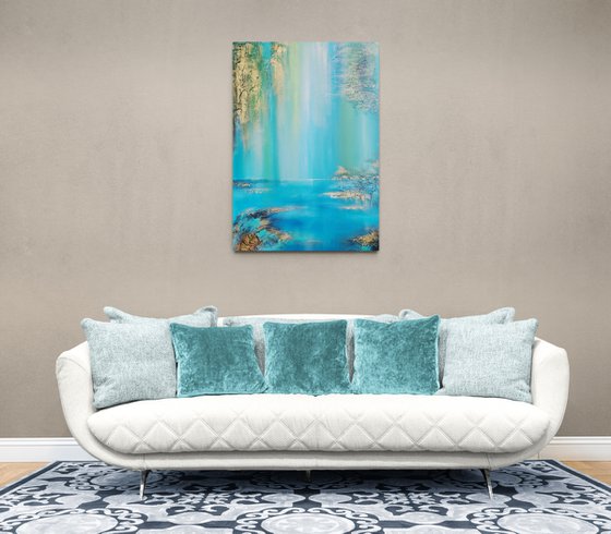 A large abstract beautiful structured mixed media painting of a lake "Under the willow"