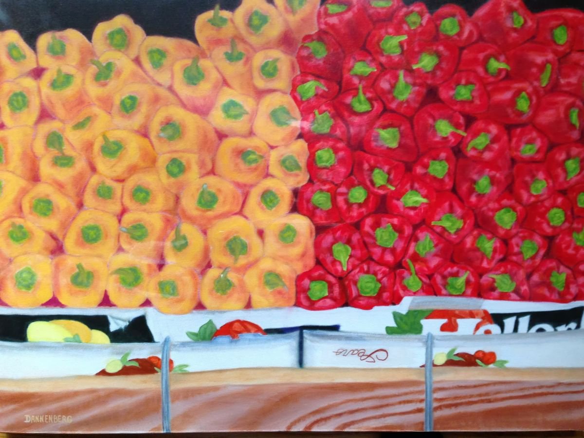 Photorealistic Still Life Oil Painting By Leslie Dannenberg, 28 X 22", Peppers, Red And Yellow, Original Artwork