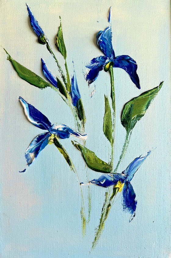 IN THE MOMENT №5 - mini iris painting. Blue irises art.