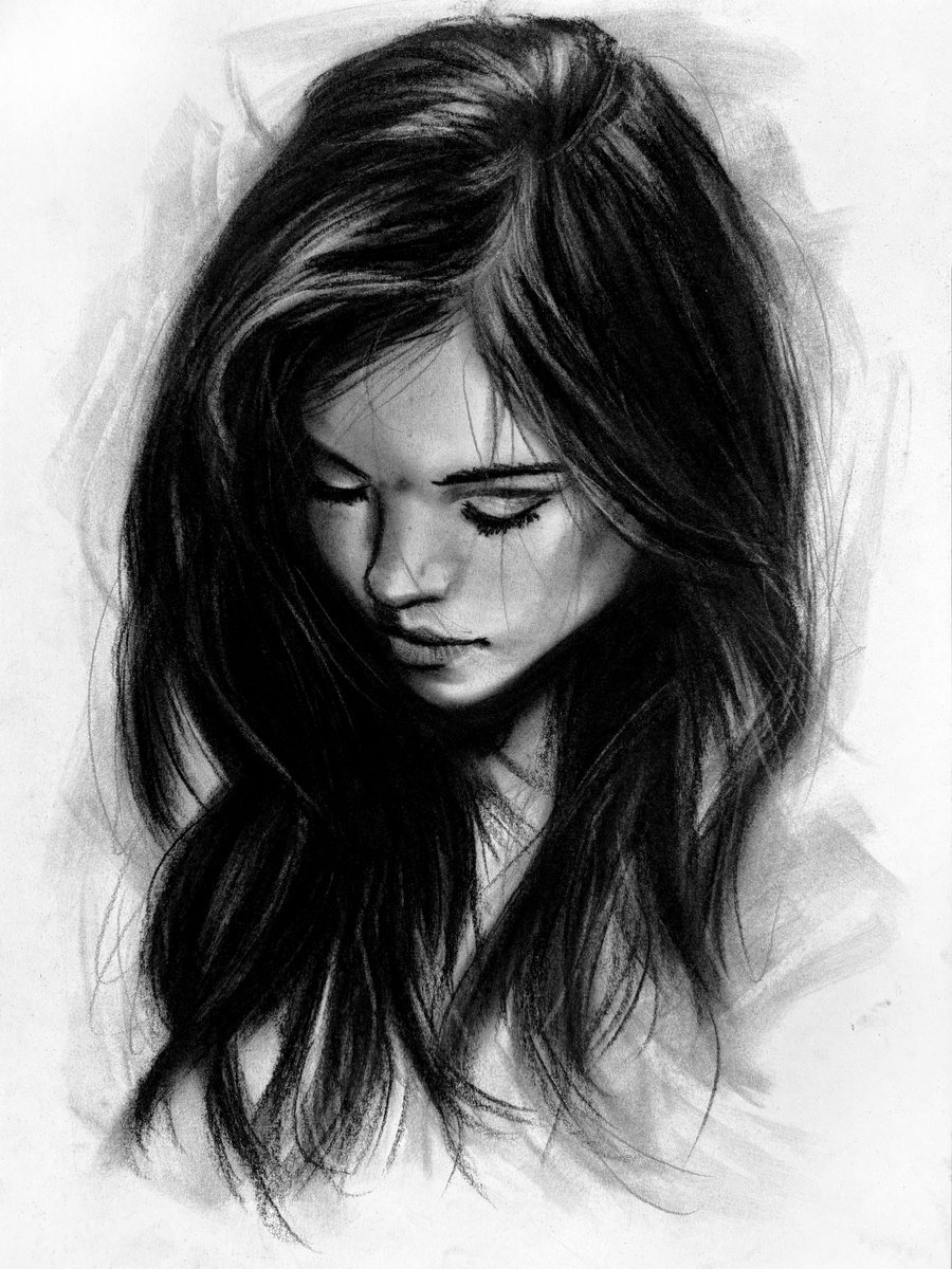 Illustrative Portrait Charcoal Drawing By Denny Stoekenbroek, 12 X 17, Falling Into Myself, Original Artwork