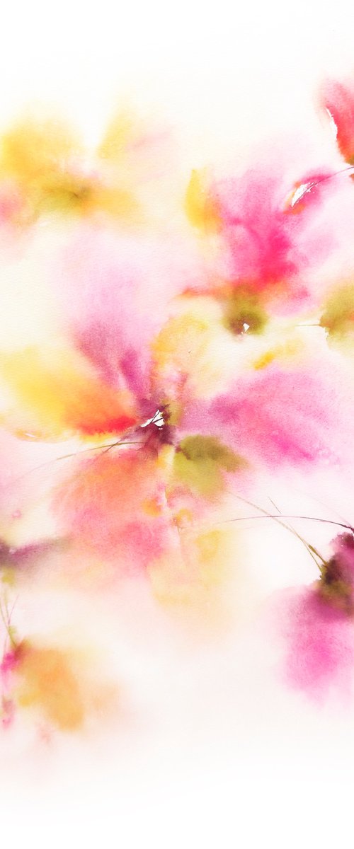 Pink yellow flowers bouquet, watercolor abstract floral wall art "Sun day" by Olga Grigo