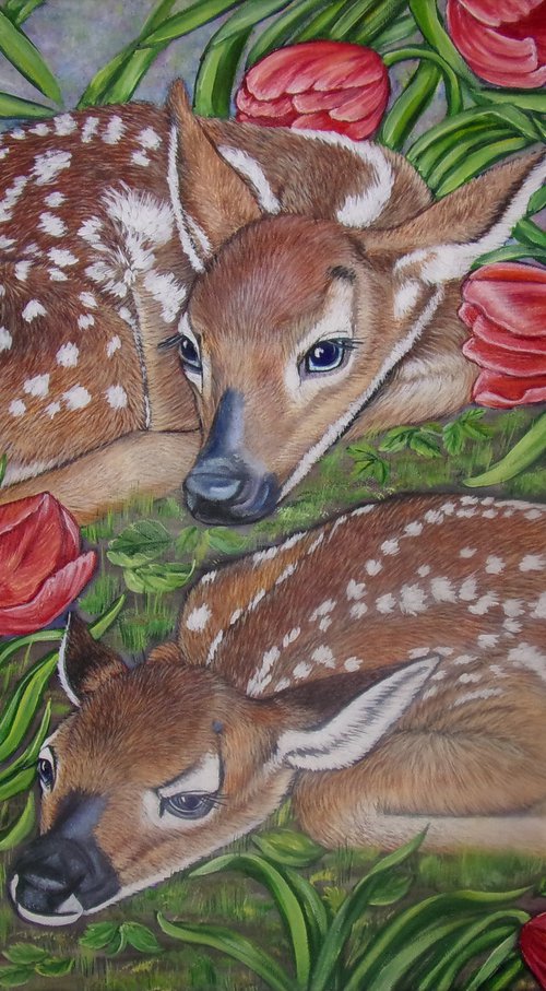 White-tailed deer fawns among Red Tulips by Sofya Mikeworth