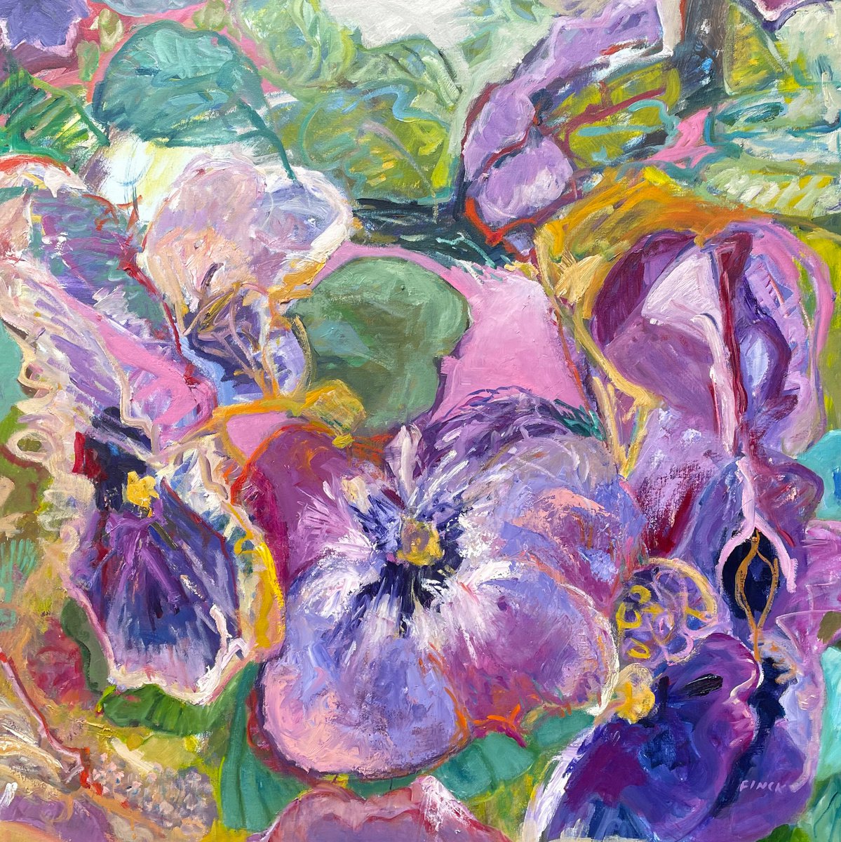 Expressive Botanical Oil Painting By Maureen Finck, 36 X 36", Pansies, Original Artwork