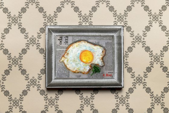 "Egg on Newspaper" Original Painting Food Art 7 by 5"  (18x13 cm)