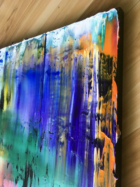 "Color Cascade" -  Original PMS Oil Painting On Reclaimed Wood - 16 x 35 inches