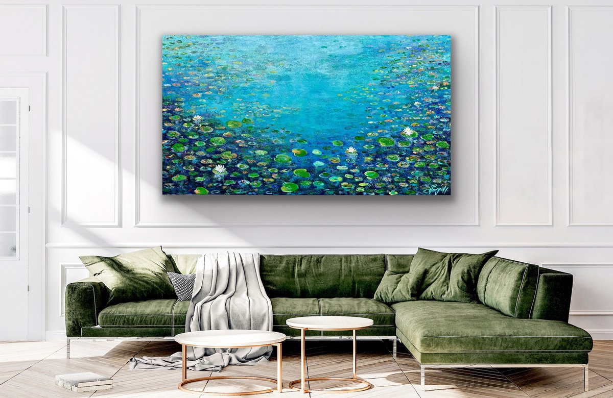 Impressionistic Botanical Oil Painting By Pooja Verma, 71 X 39", Blue Pond And The Waterlilies, Original Artwork