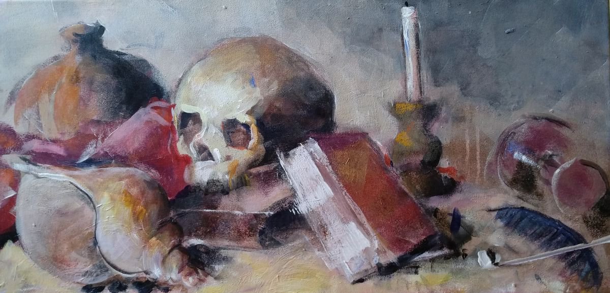 Expressive Still Life Acrylic Painting By Marina Del Pozo, 31 X 16", Vanitas, Original Artwork