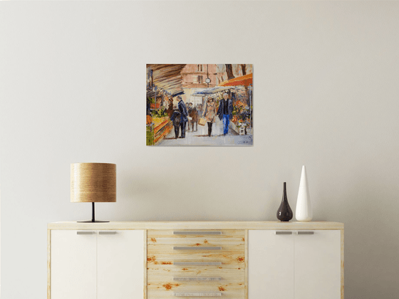 Market in Montmartre. Parisian series. Original oil painting. City landscape street view typical scene. Medium size painting