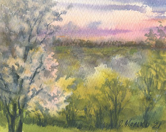 Spring again. Afterglow / Evening landscape. Original watercolor picture. Panoramic views. Small size wall art