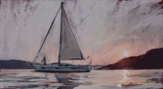 Seascape - Two on a yacht - Pink sunset - Pastel drawing