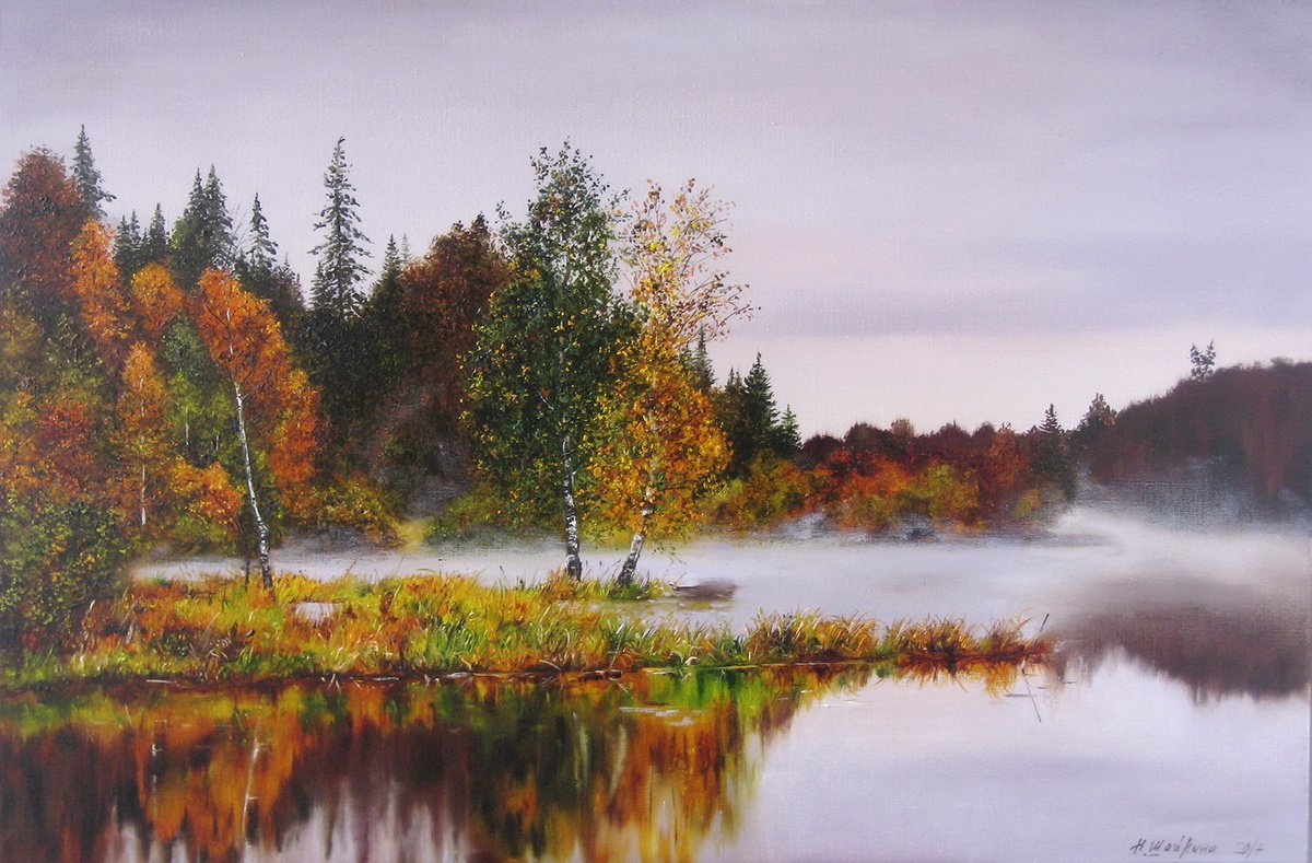 River and forest in autumn, Misty landscape by Natalia Shaykina