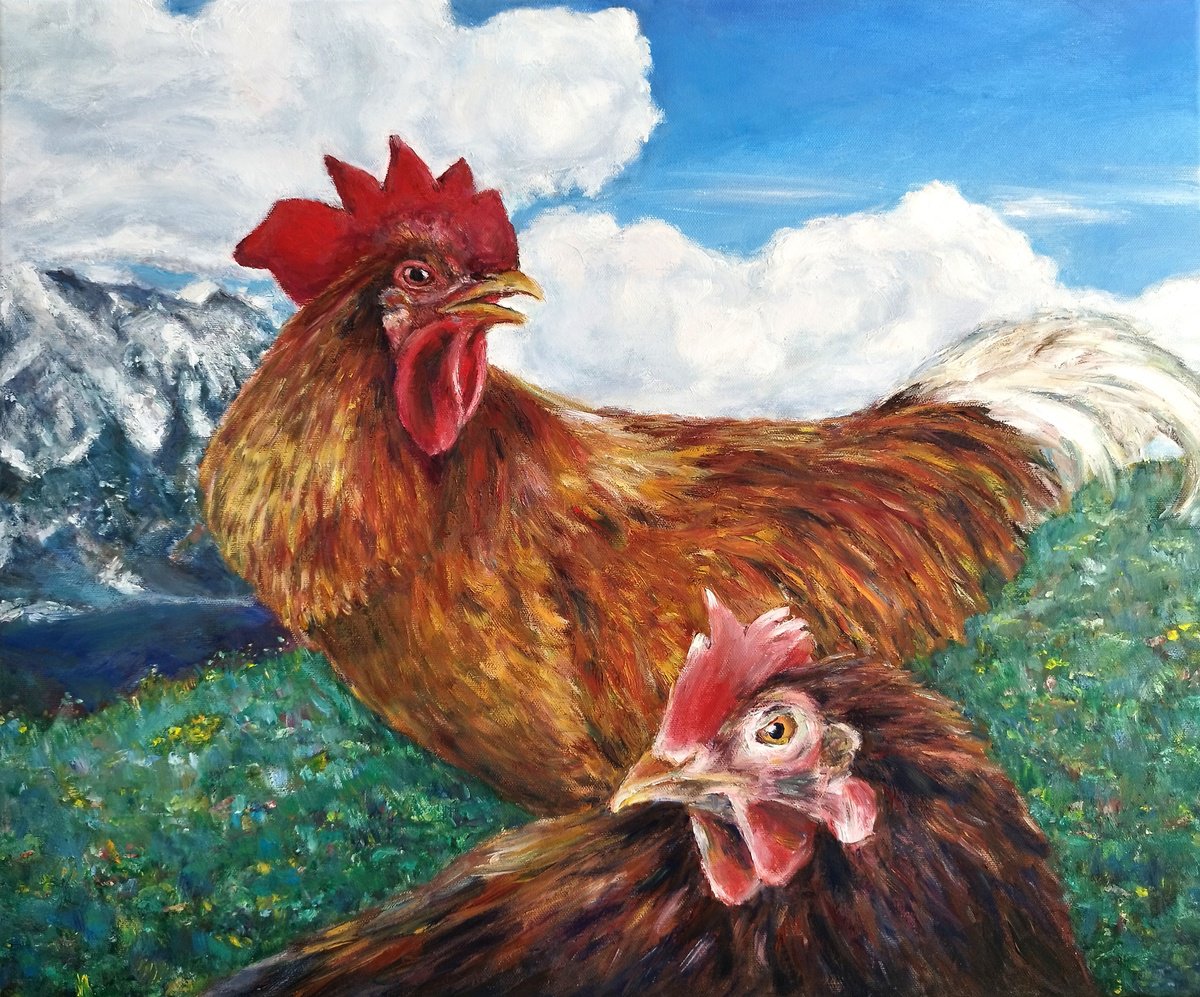 Photorealistic Animal Oil Painting By Jura Kuba Art, 24 X 20", Hen And Rooster In Tyrol, Original Artwork