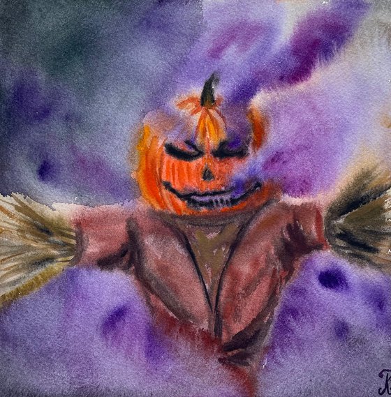Halloween Watercolor Painting Original, Scarecrow Artwork, Spooky Season Wall Art