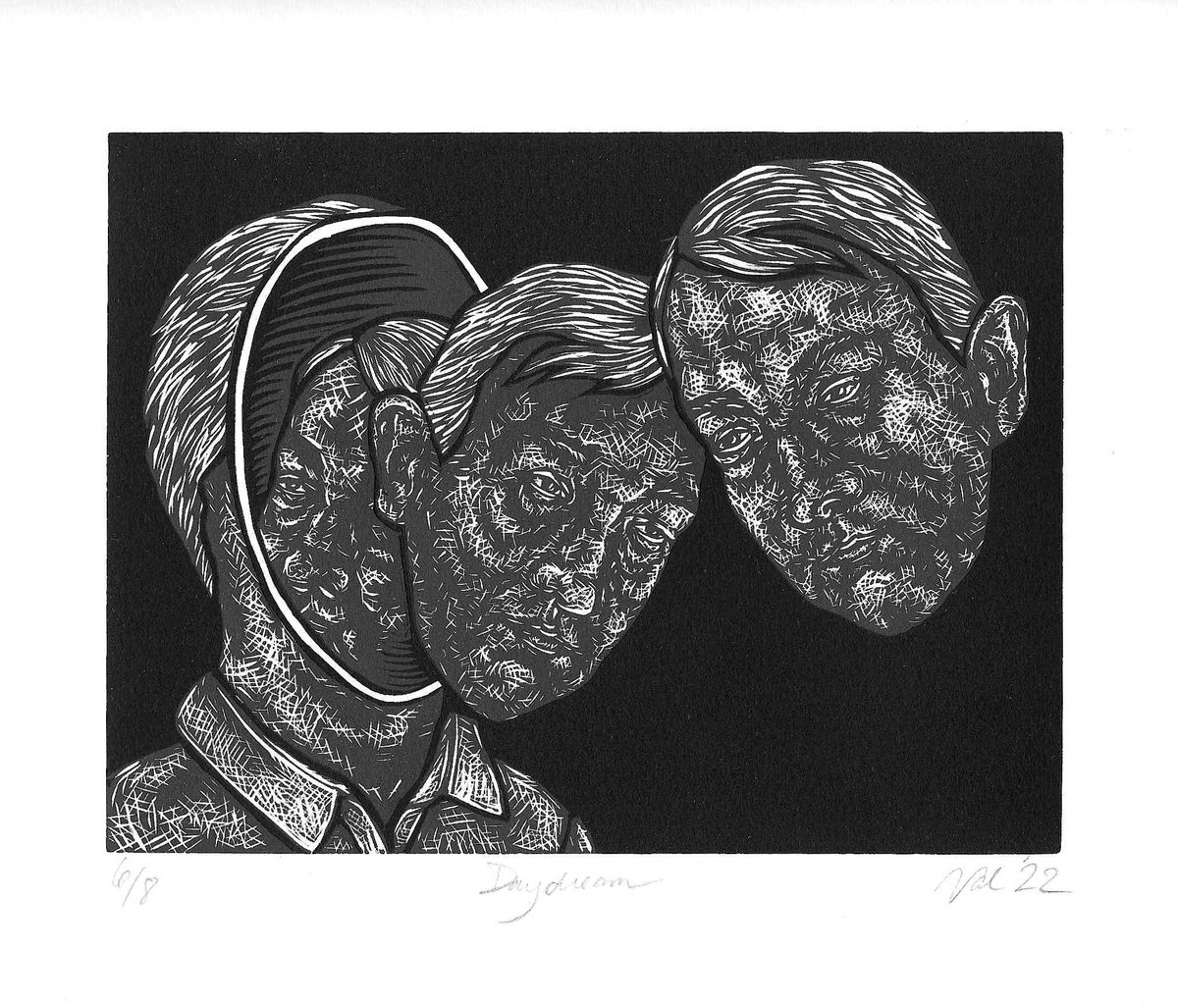 Graphic Portrait Linocut By Valerie Syposz, 11 X 10", Daydream, Original Artwork