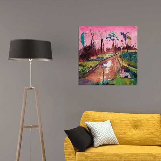 Contemporary dreamy french landscape with a river 'Under a Pink Sky'